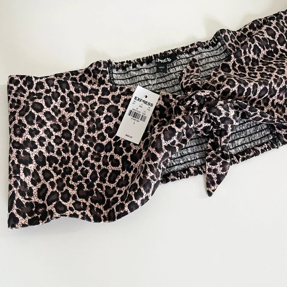 Express Leopard Print Linen Crop Tube Top with Front Tie Women’s Large NWT - Picture 10 of 13